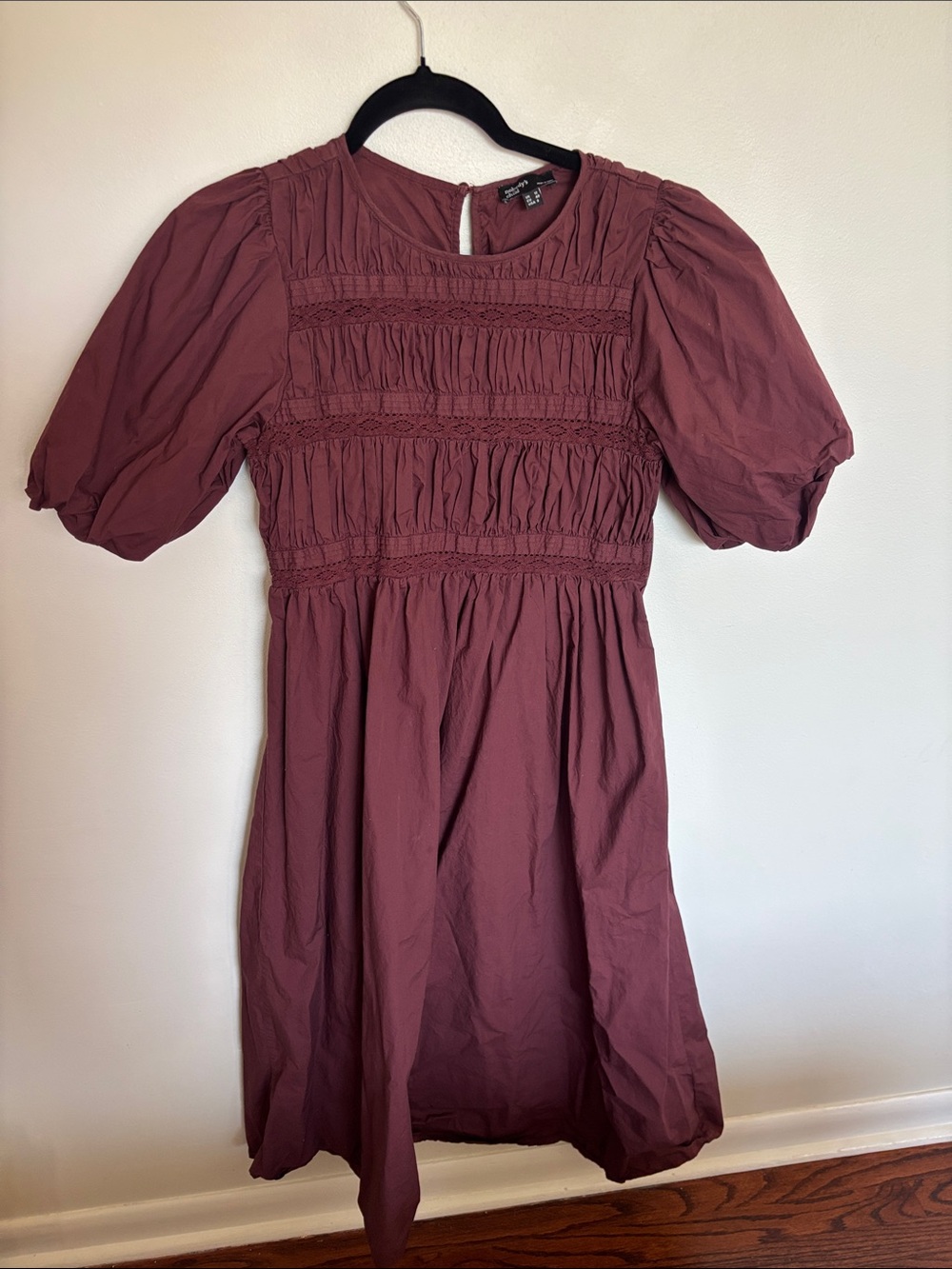 Smocked Puff-Sleeve Mini Dress in Burgundy